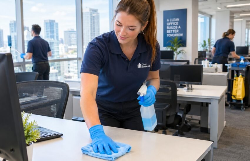 A commercial cleaner wearing blue gloves wipes down an office desk with a cloth and spray bottle.